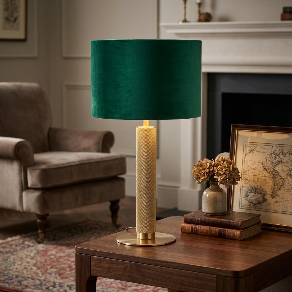 London Table Lamp with knurled gold metal base and green velvet drum shade on a wooden side table.