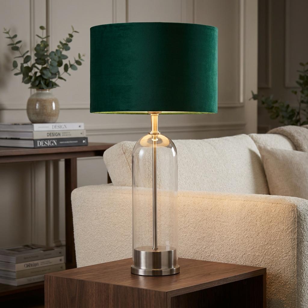Oxford table lamp with a glass cloche base, satin nickel accents, and green velvet shade on a wooden side table.