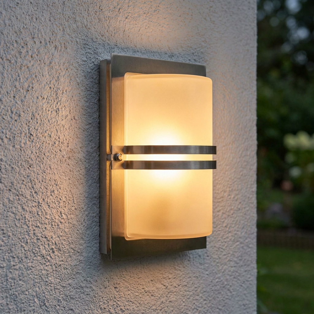 A rectangular stainless steel outdoor wall light with frosted glass and a warm glow mounted on a textured wall.