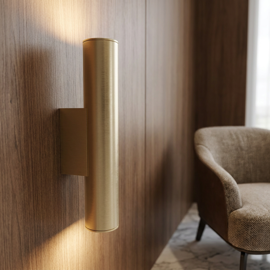 Brushed gold cylindrical wall light casting up and down beams on a dark wood paneled wall.