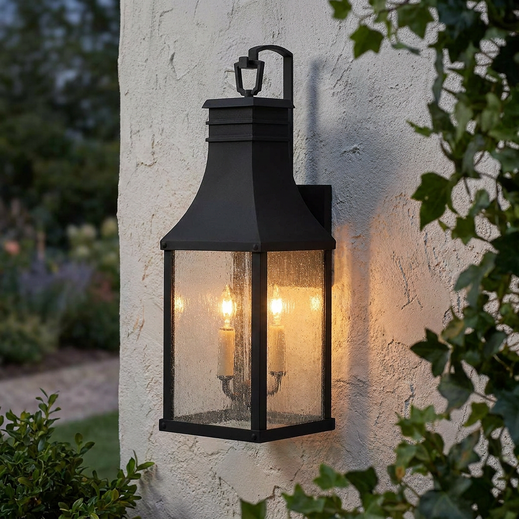 Beacon Hill black outdoor wall lantern with two candle bulbs on a white stucco wall surrounded by green ivy.