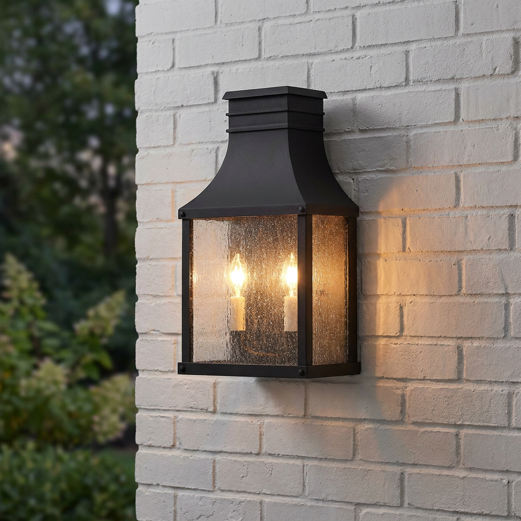 Beacon Hill black outdoor wall lantern with seeded glass panels lit on a white brick wall.