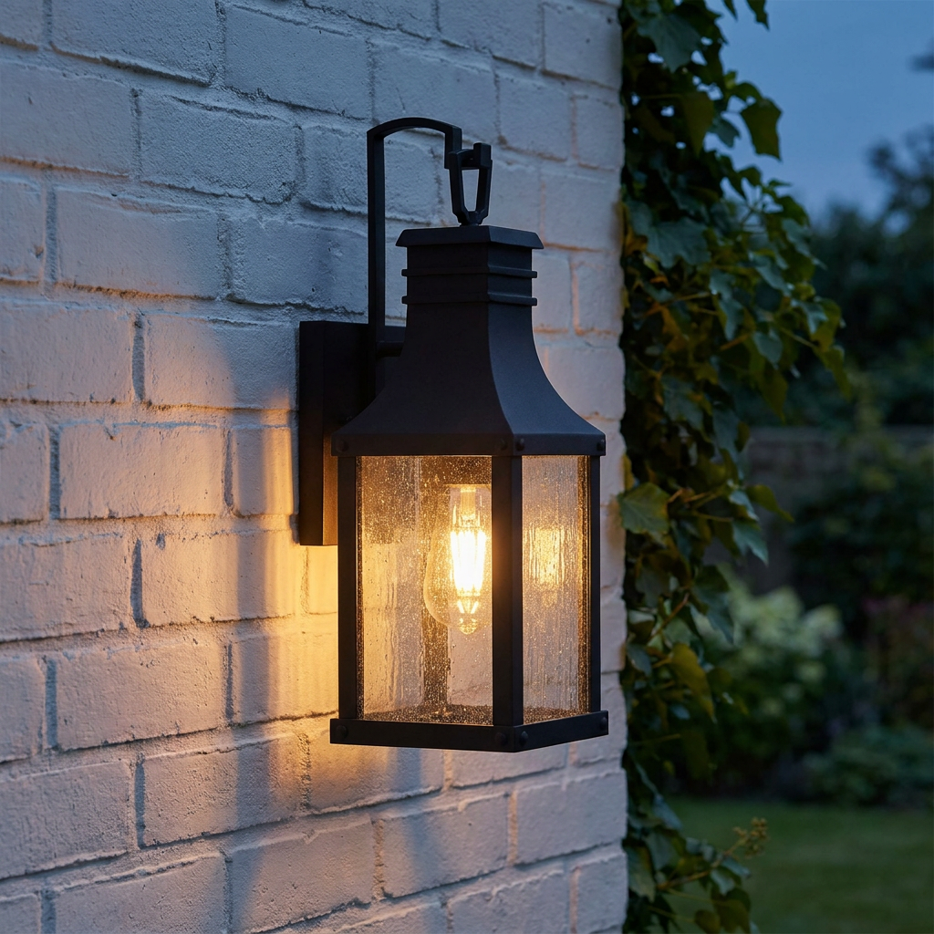 Lit Beacon Hill black outdoor wall lantern with seeded glass mounted on a white brick wall at dusk.