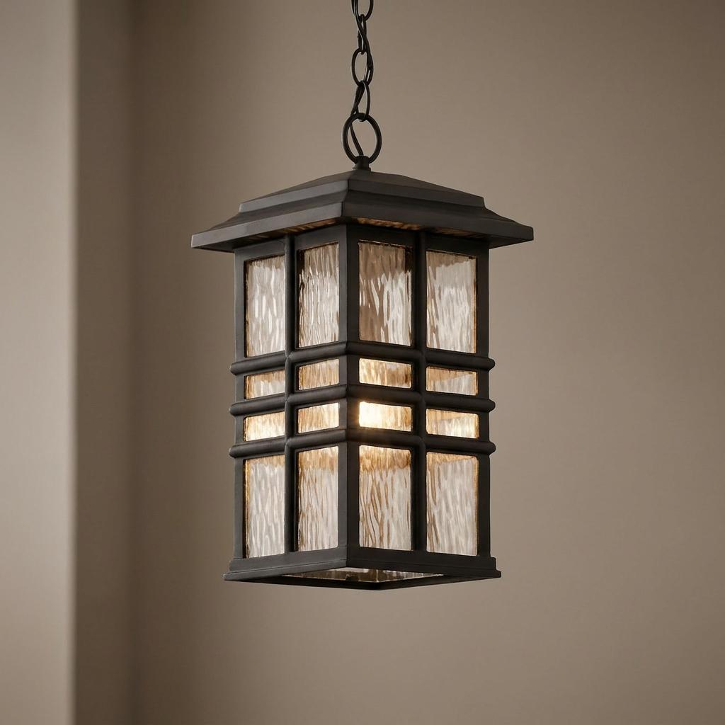 Beacon Square bronze outdoor chain lantern with hammered glass panels and a warm glow hanging against a neutral wall.