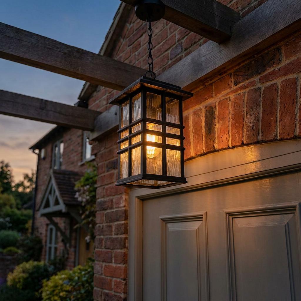 Beacon Square bronze outdoor chain lantern hanging from a wooden beam, illuminated against a brick house at dusk.