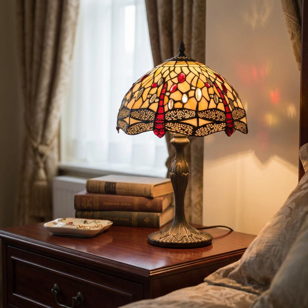 A lit Beige Dragonfly Tiffany Lamp sits on a wooden bedside table, casting a warm glow in a cozy bedroom setting.