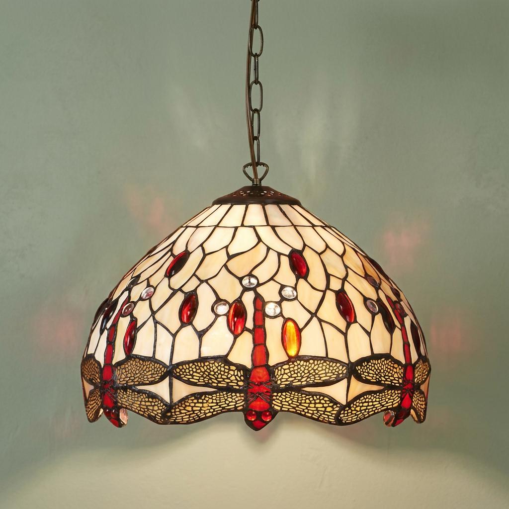 Tiffany pendant light with a beige glass shade featuring red dragonflies and colorful gems hanging from a chain.