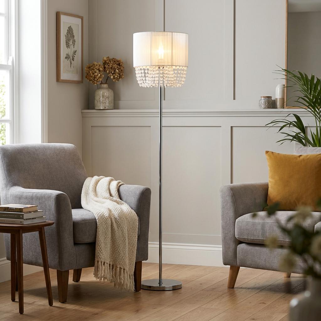 Bellano chrome floor lamp with acrylic bead fringe and white shade in a living room with grey armchairs.
