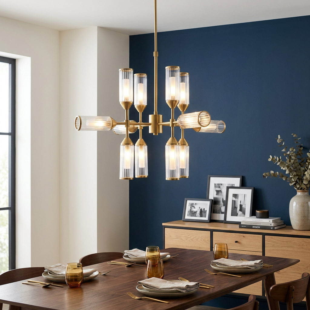 Twelve-light brass chandelier with ribbed glass shades hanging above a wooden dining table against a dark blue wall.