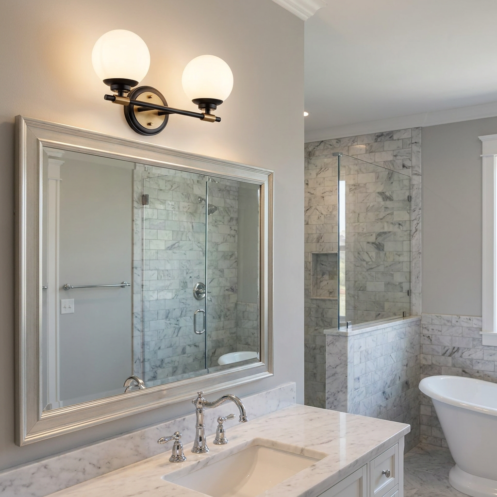 Benno black and bronze double wall light with frosted globe shades above a marble bathroom vanity and mirror.