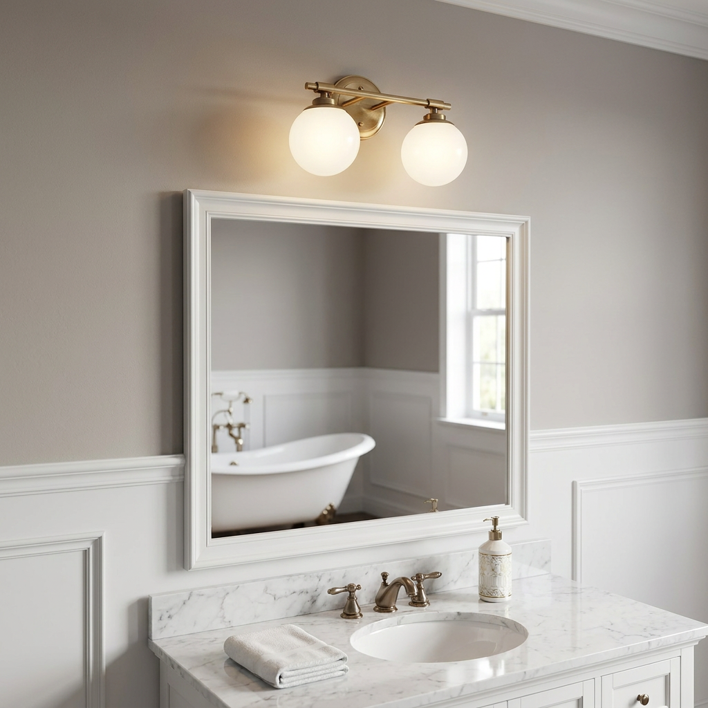 Benno Bronze Double Bathroom Wall Light with two opal globes mounted above a white framed mirror.
