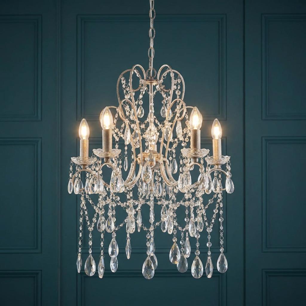 Antique silver 5-light chandelier with crystal glass droplets against a dark teal paneled wall.