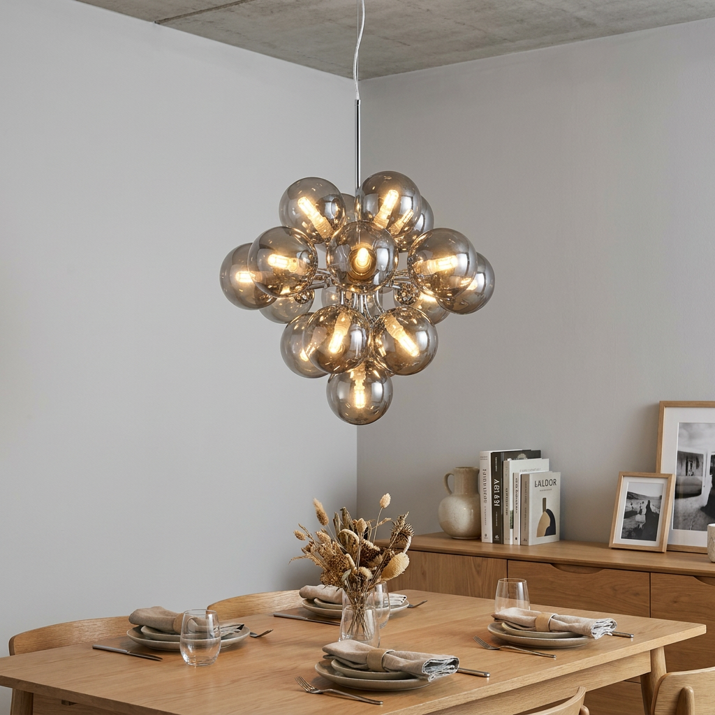 Berry 17 light chrome pendant with smoked glass globes hanging over a wooden dining table in a minimalist room.