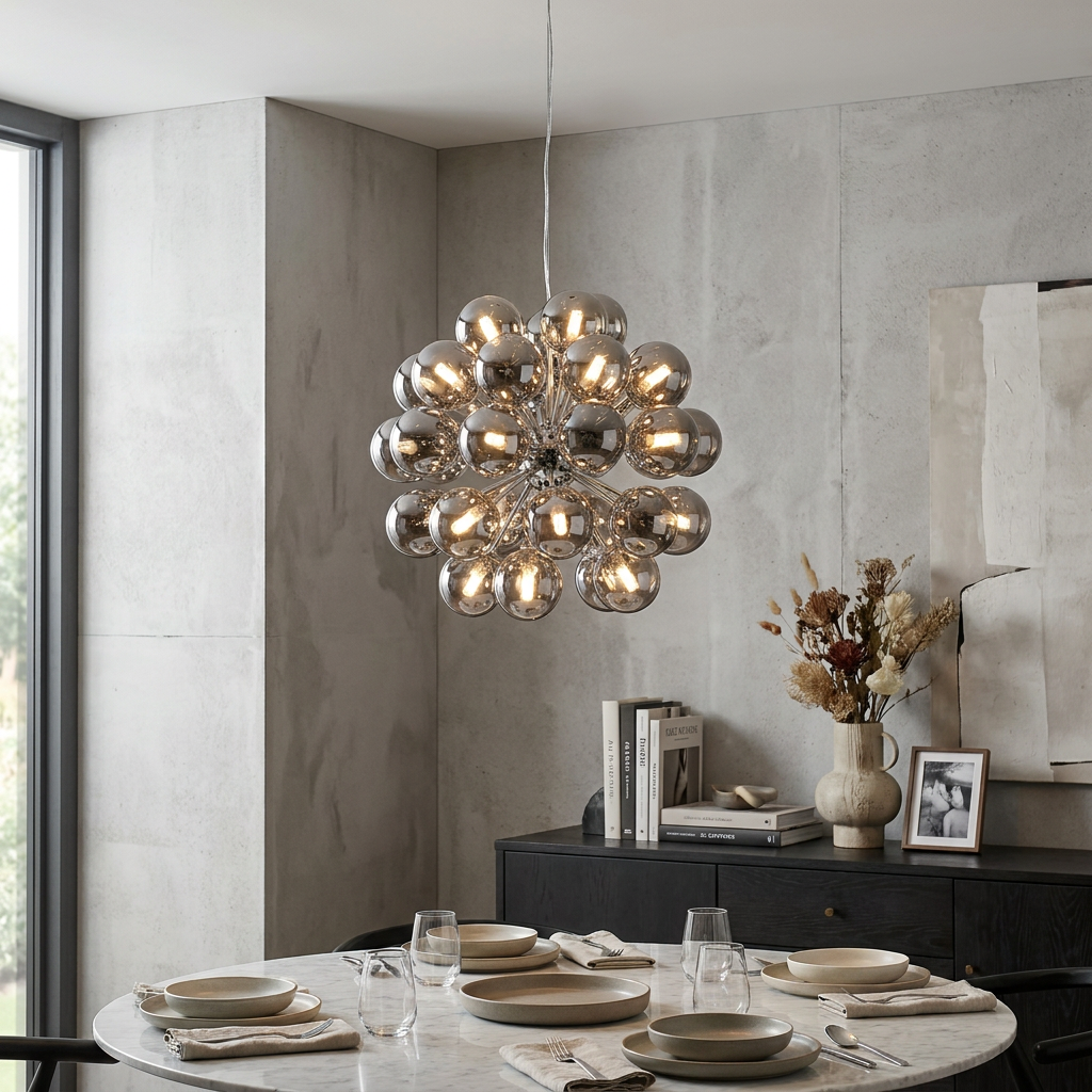 A cluster of smoked glass globes forms a spherical pendant light hanging over a modern dining table.