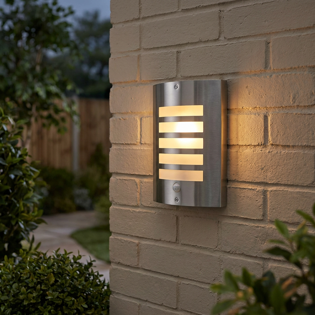 Silver curved wall light with horizontal slats glowing on a brick wall at dusk.