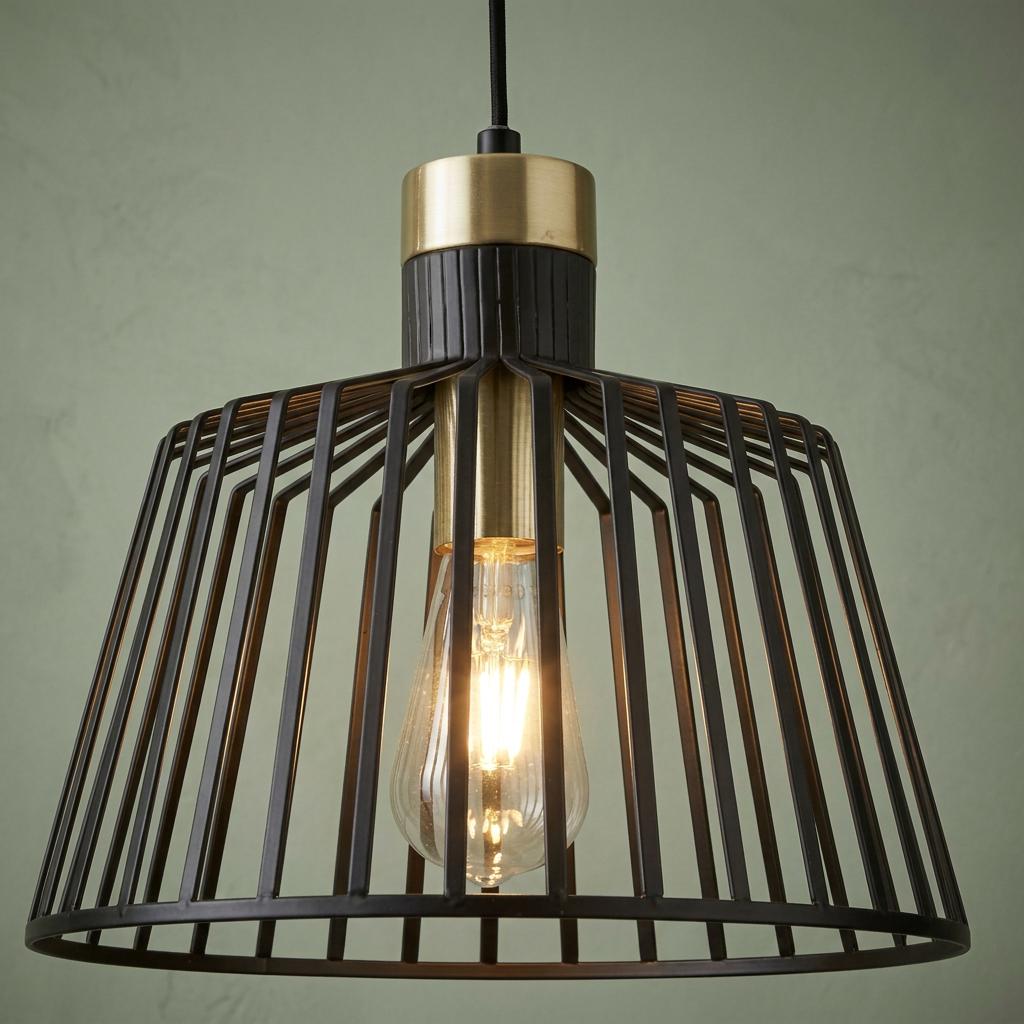 Black and gold bird cage pendant light featuring a glowing filament bulb against a green textured background.