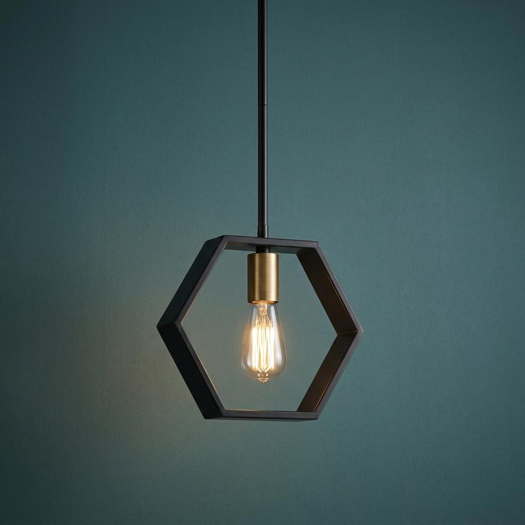 Black hexagonal frame pendant light with brass socket and Edison bulb hanging against a teal textured wall.