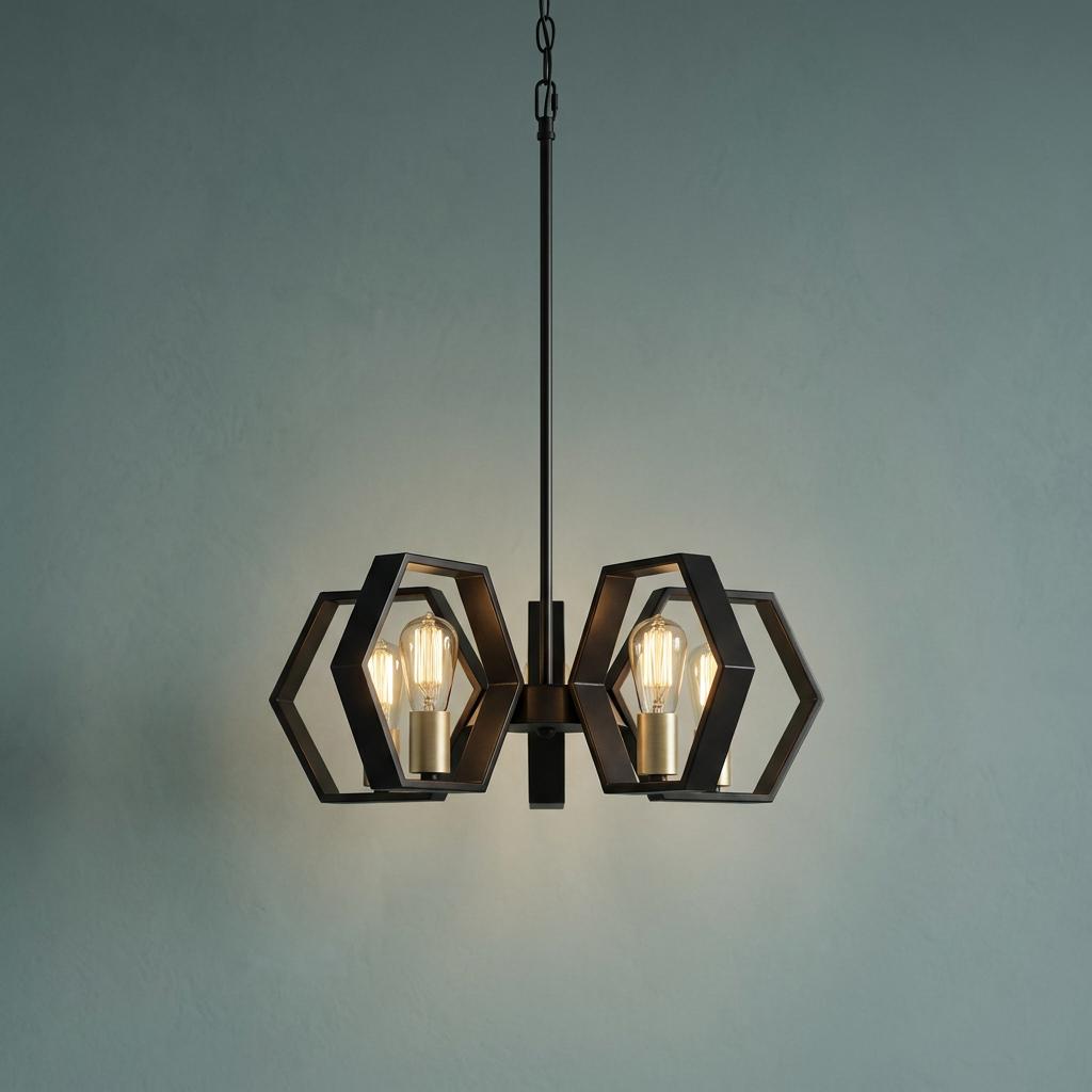 Modern five-light chandelier with black hexagonal frames and Edison bulbs against a light blue wall.