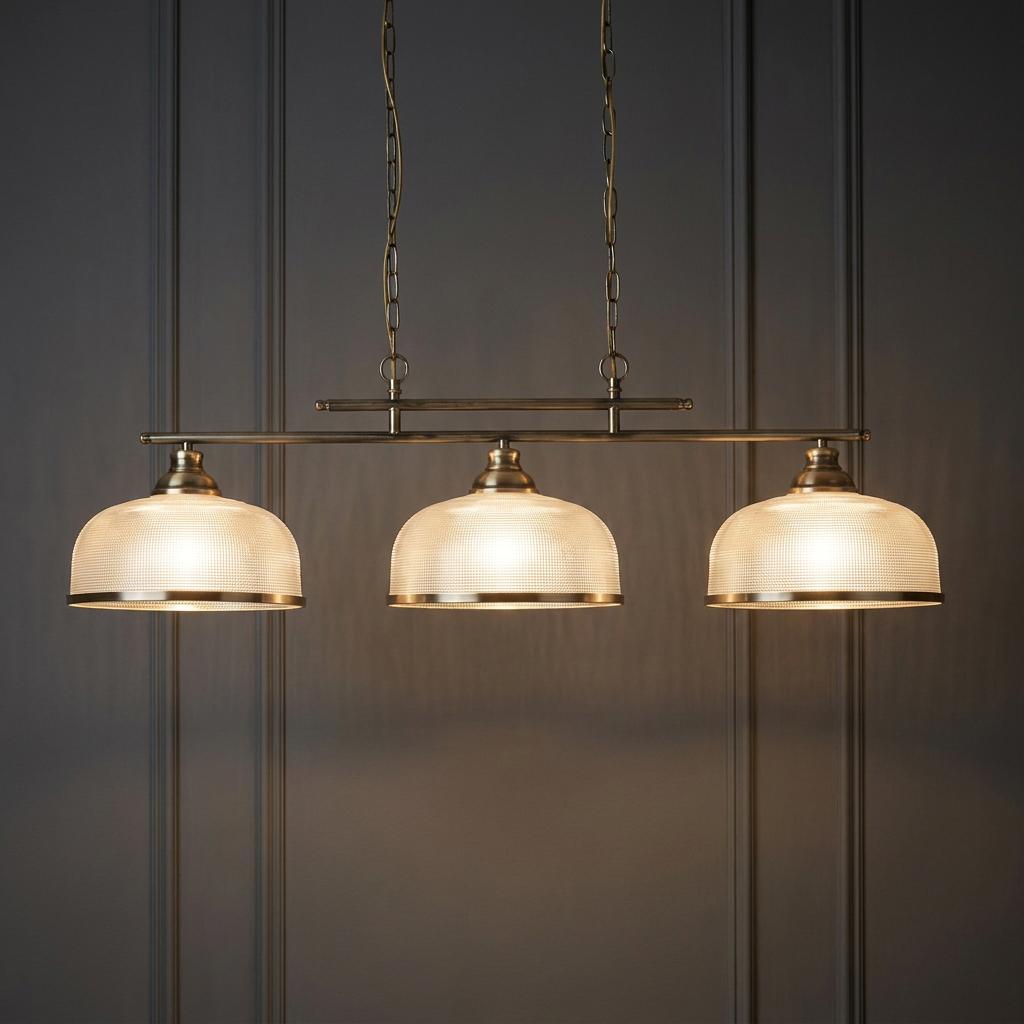 Bistro II 3 Light Brass Bar Pendant - Holophane Glass Shades-OPEN-BOX-50-200826