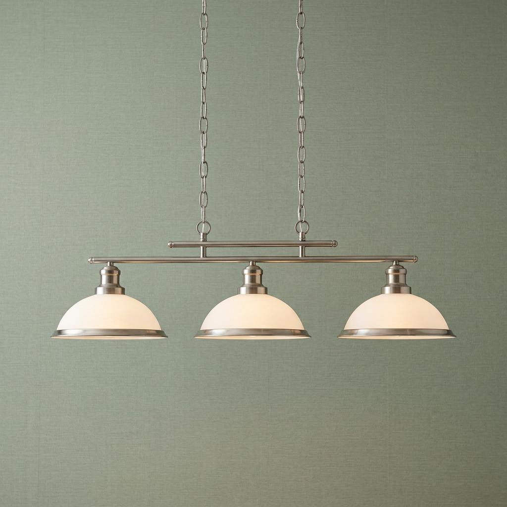 Bistro Satin Silver 3 Light Kitchen Ceiling Light with white dome shades against a green textured wall.