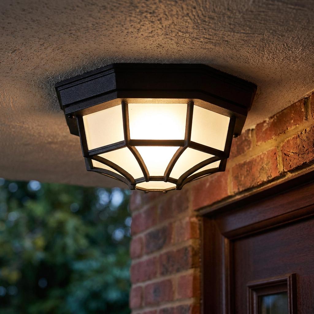 Octagonal black metal outdoor ceiling light with frosted glass panels illuminating a brick porch entryway.