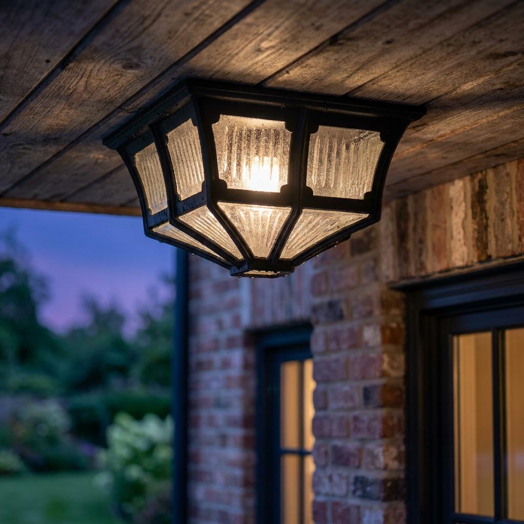 Black outdoor ceiling light with ribbed glass panels mounted to a wooden porch ceiling at dusk.