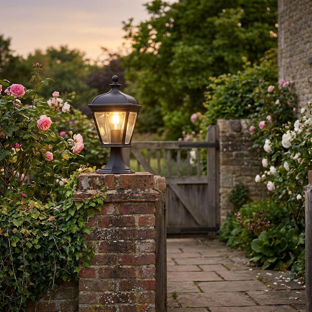 Traditional black outdoor lantern mounted on a brick pillar at a garden gate, surrounded by pink roses at dusk.