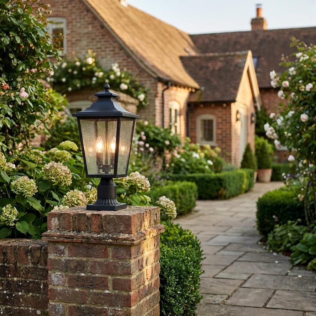 Lit traditional black outdoor lantern on a brick garden pillar with a stone path and house in the background.