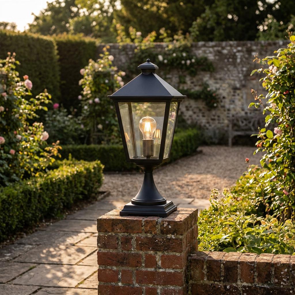 Black traditional outdoor pedestal lantern lit on a brick pillar in a lush garden setting.