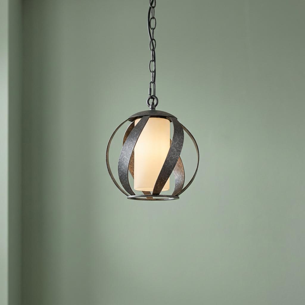 Blacksmith outdoor pendant light featuring a globe-shaped metal cage and a glowing frosted glass shade.