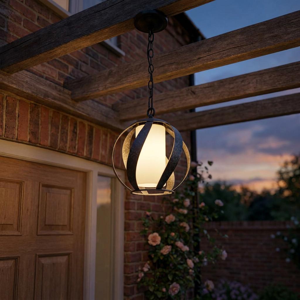 Blacksmith outdoor pendant with a curved metal cage and glowing white shade hanging from a wooden beam at twilight.