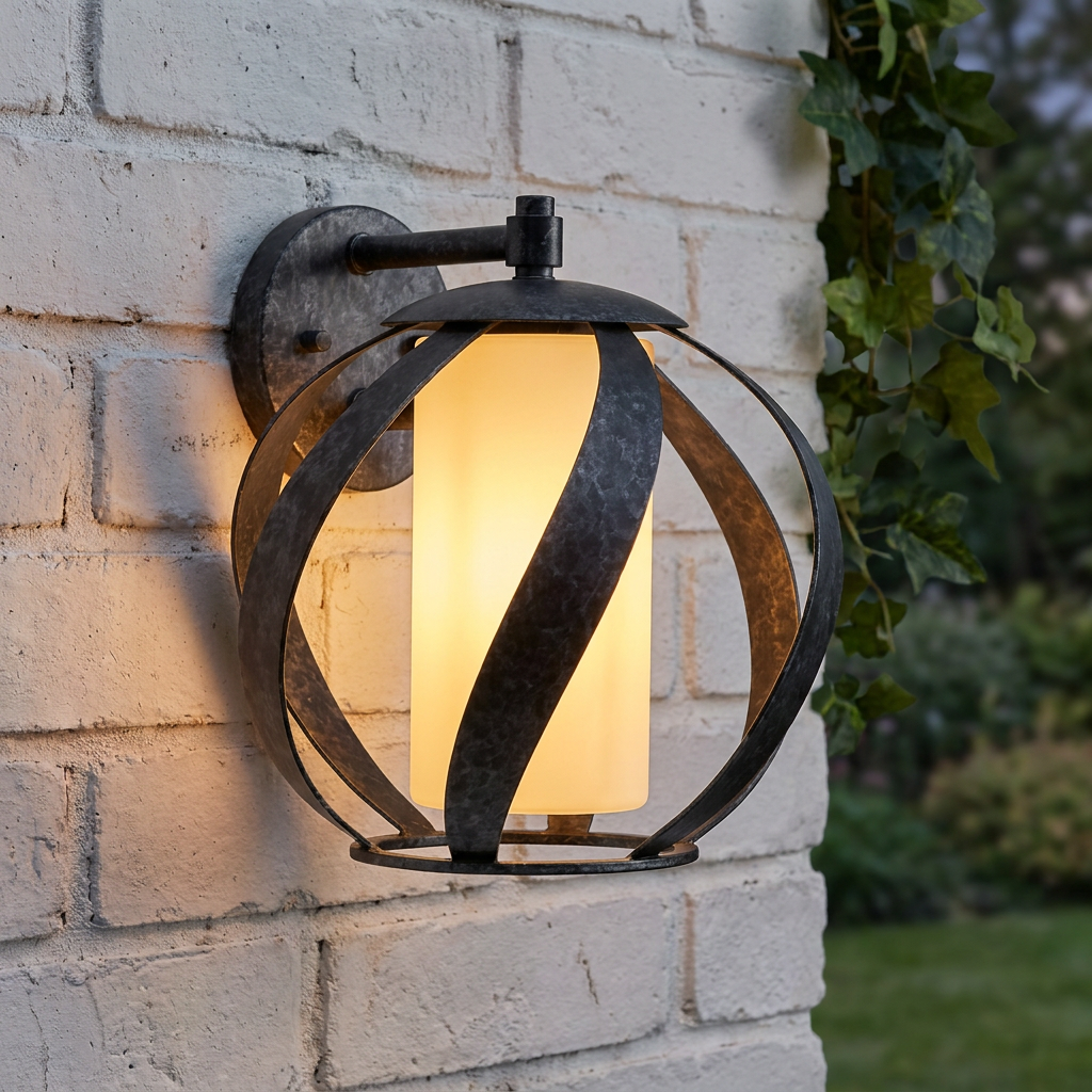 Blacksmith style outdoor wall light with a glowing glass cylinder encased in a metal orb cage on a brick wall.