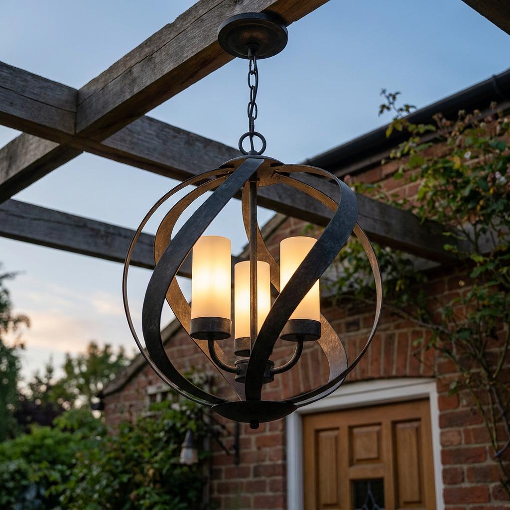 Blacksmith 3-light outdoor chandelier with an orb frame and frosted shades hanging from a wooden pergola.