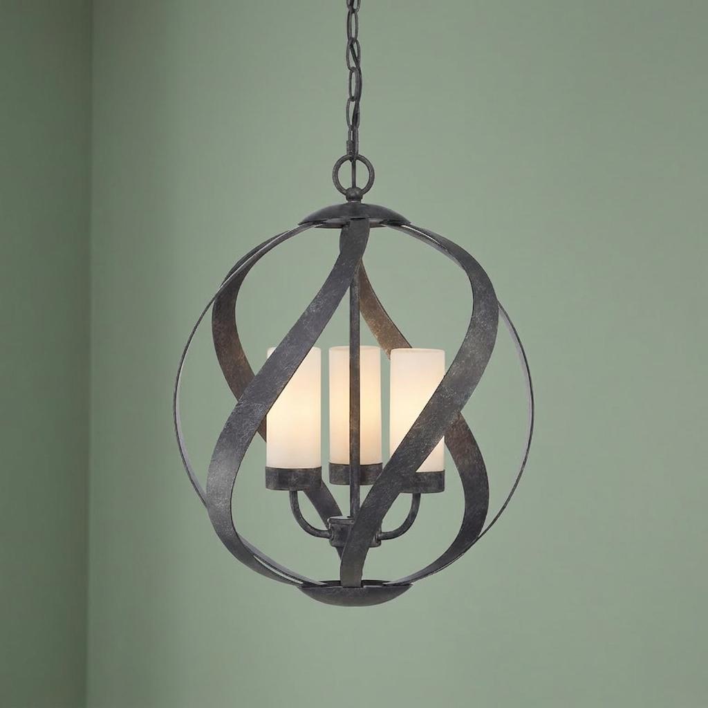Blacksmith 3 Light Outdoor Chandelier with textured dark metal bands and three frosted white glass shades.