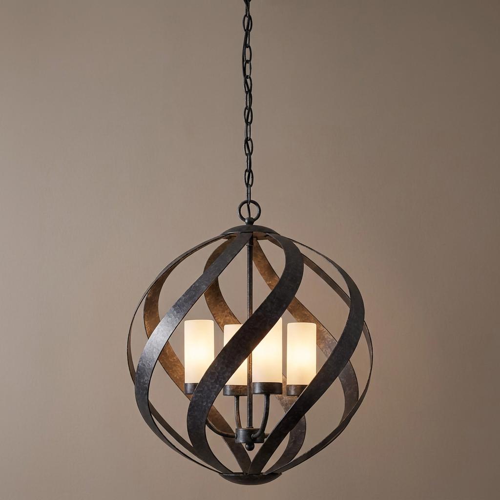 Blacksmith 4-light outdoor chandelier with a twisted metal sphere cage and frosted glass shades.