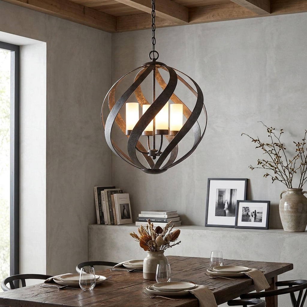Spherical blacksmith chandelier with four glowing lights hanging over a rustic dining table in a neutral-toned room.