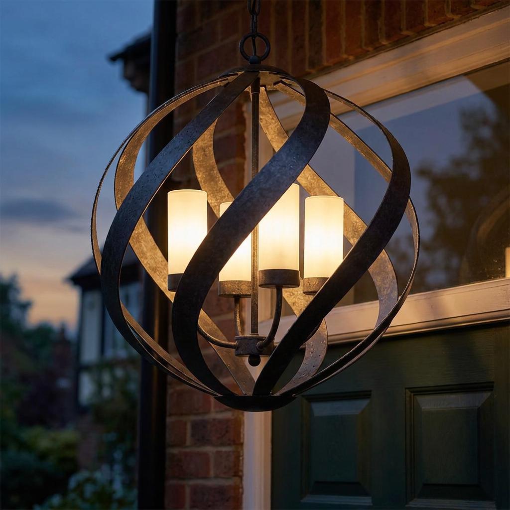 Four-light blacksmith outdoor chandelier with a swirling metal globe cage hanging outside a brick home at dusk.