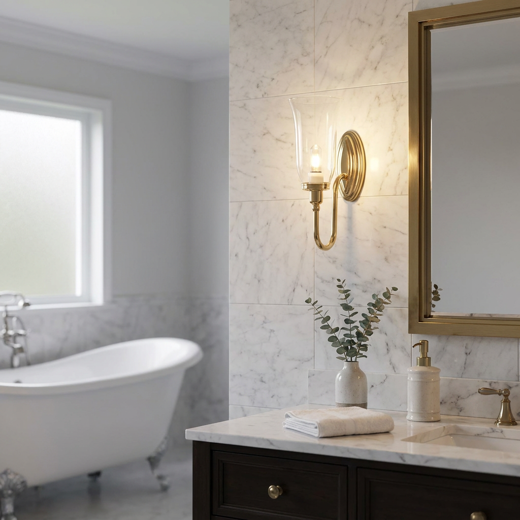 Blake Bell Shade Polished Brass Bathroom Wall Light mounted on marble tiles in a luxury bathroom.