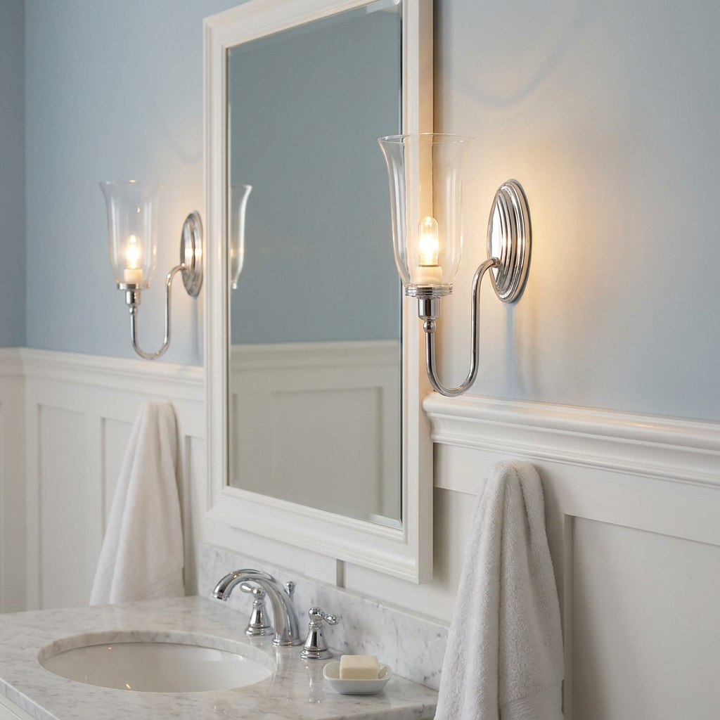 Polished chrome wall lights with bell glass shades mounted on a light blue wall beside a bathroom mirror.