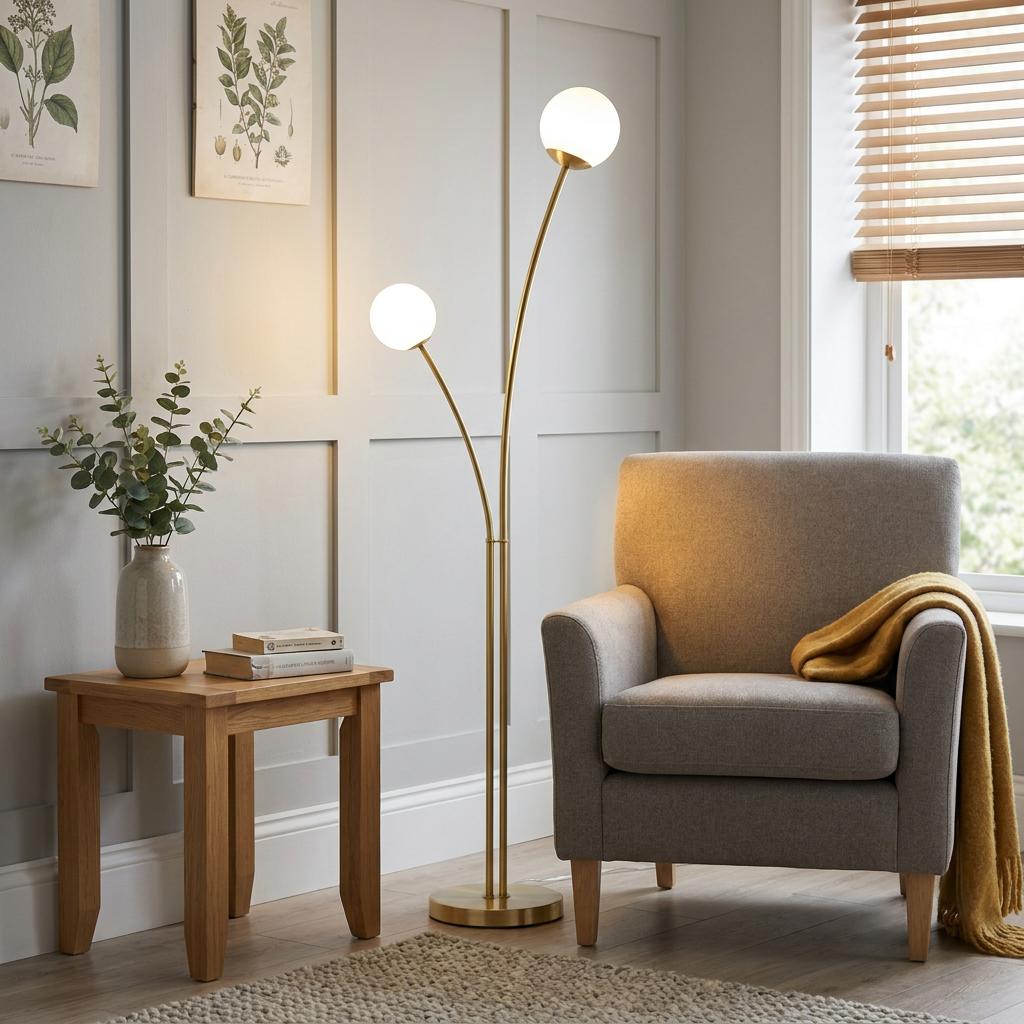 A modern brass floor lamp with twin globe shades illuminates a cozy living room next to a grey armchair.
