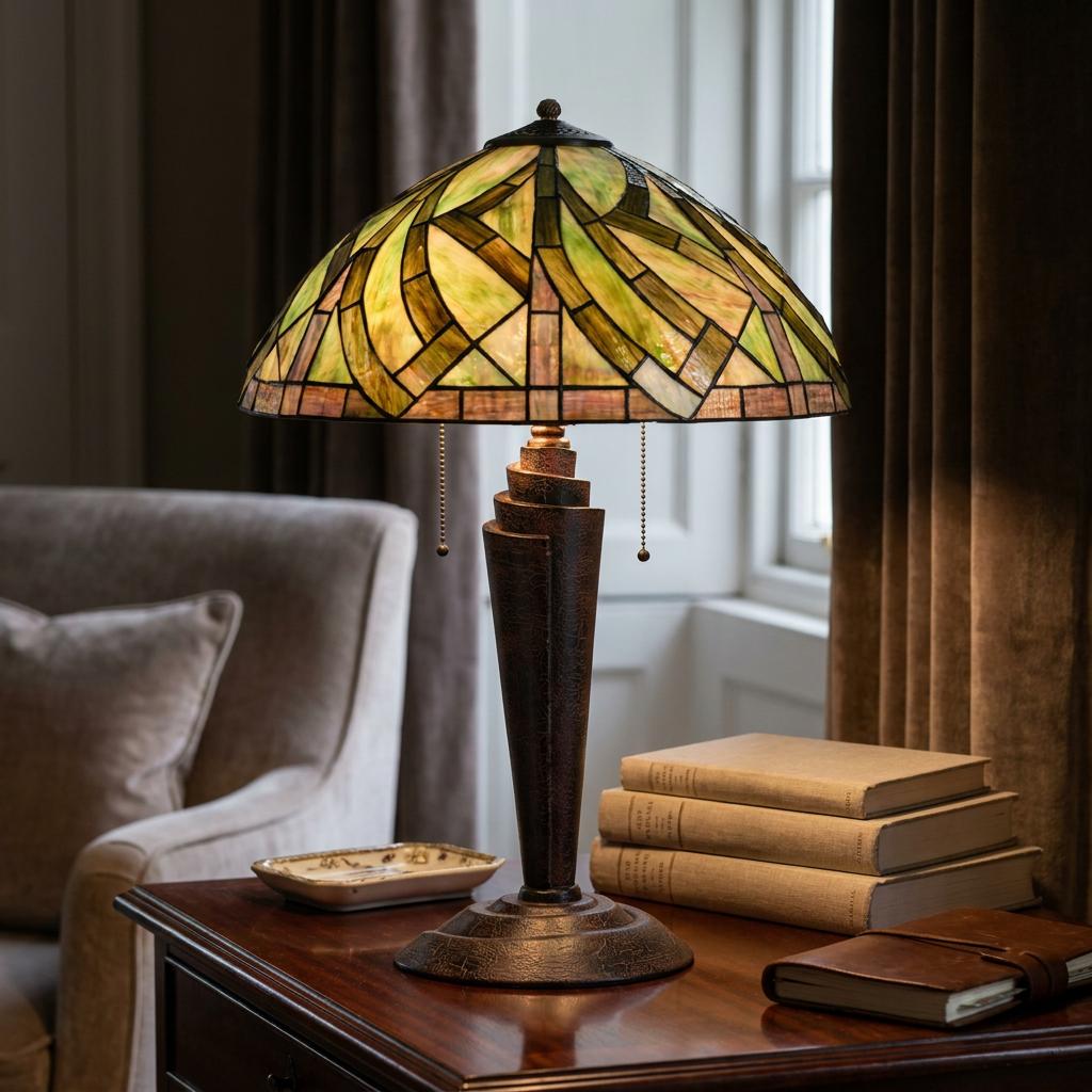 Green and amber geometric Tiffany table lamp with a twisted bronze base on a desk next to old books.