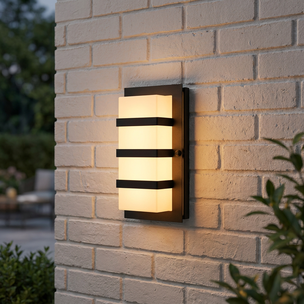 Modern black and opal polycarbonate wall light with decorative bands glowing on a white brick exterior wall.