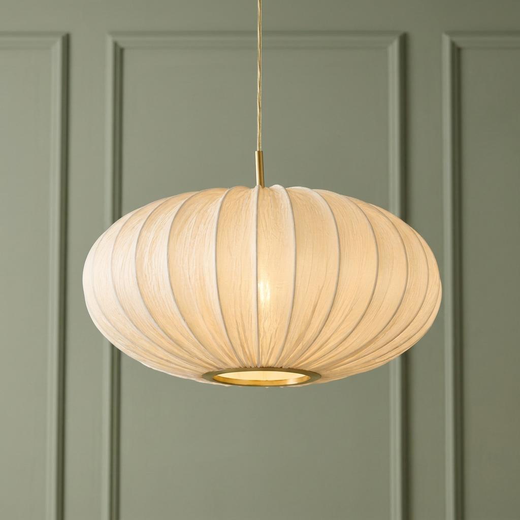 Bonnie 1 Light Pendant with a pleated ivory satin shade and satin brass trim hanging against a green paneled wall.