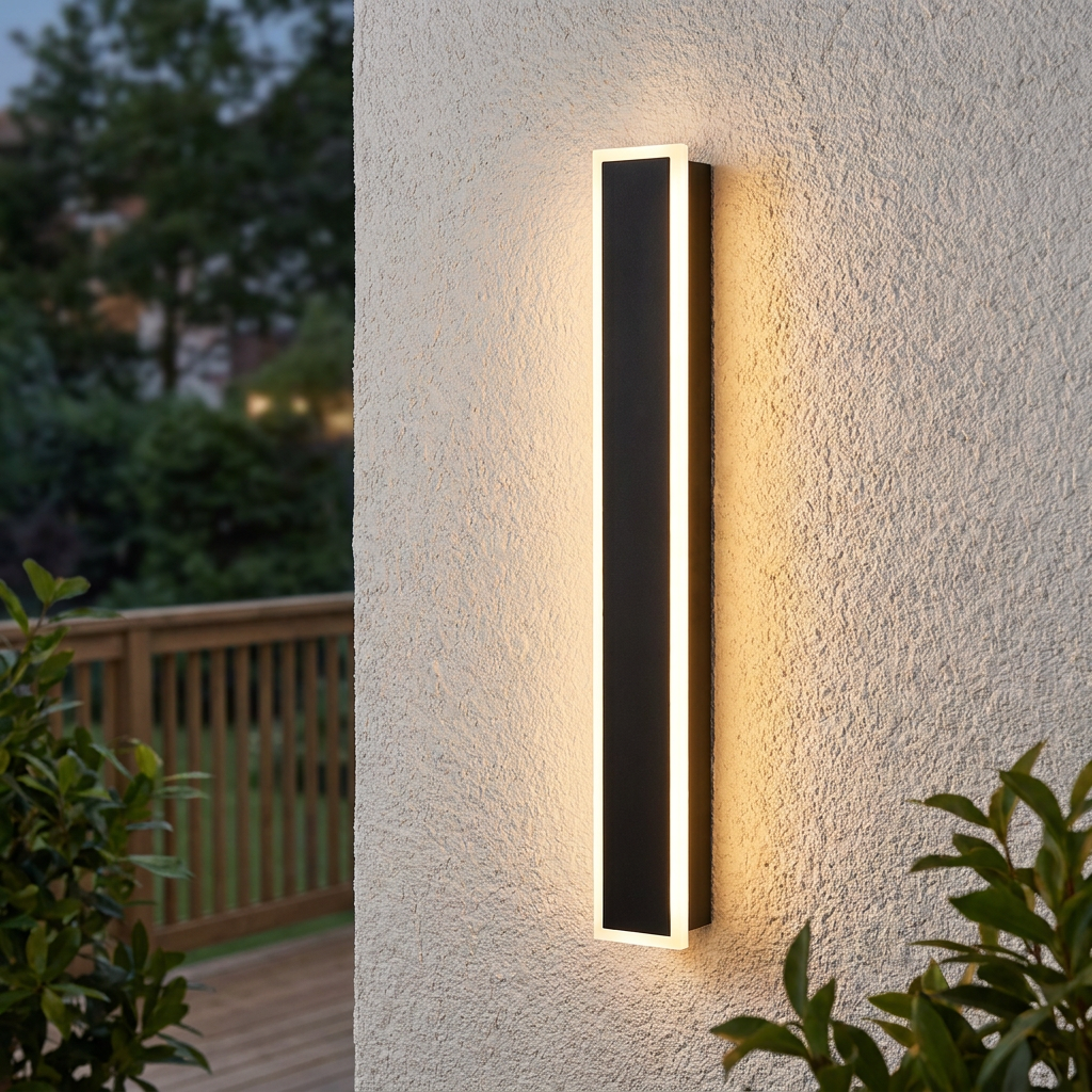 Modern black 60cm rectangular LED wall light with a warm glow mounted vertically on a textured outdoor white wall.