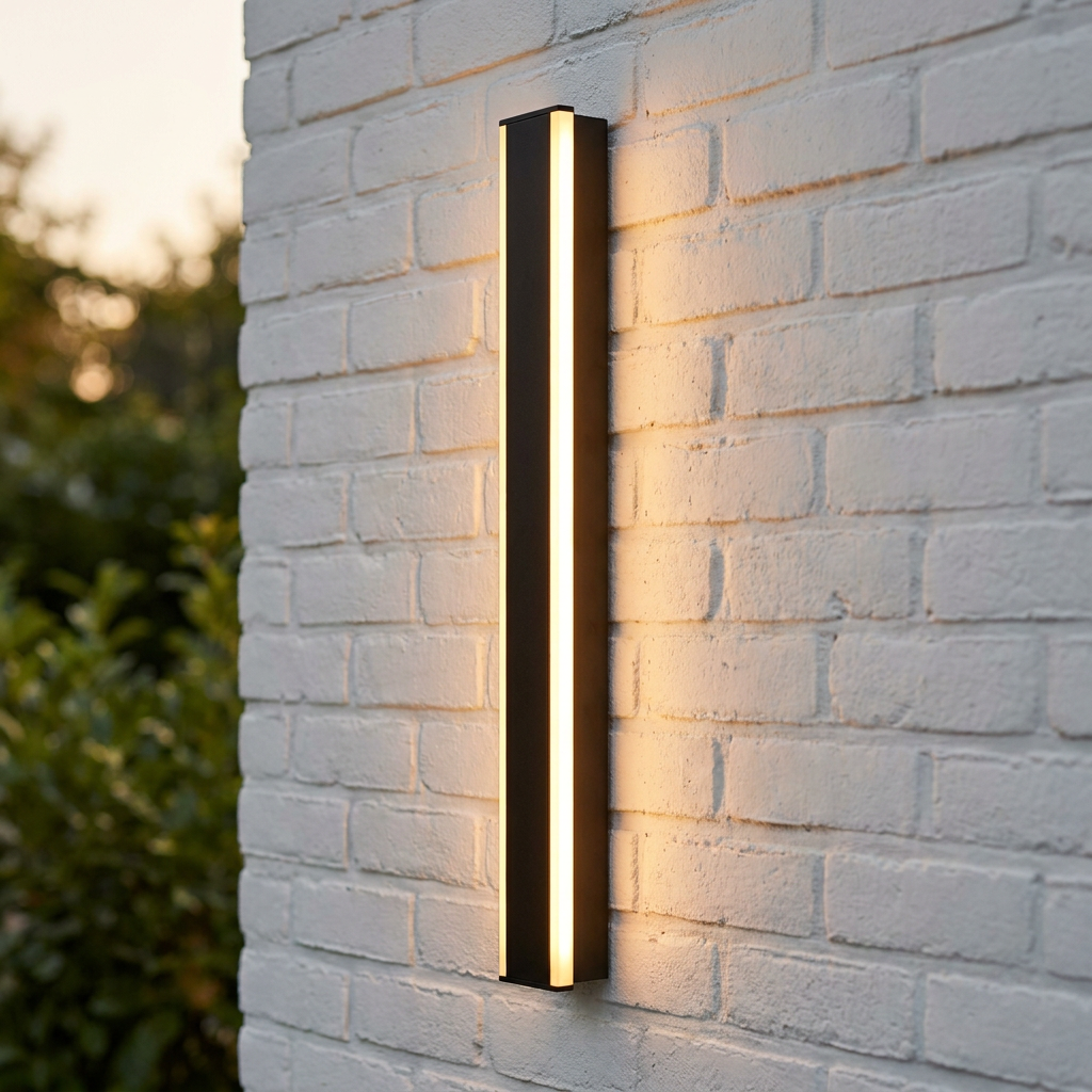 Minimalist black vertical LED wall light casting a warm glow on a white brick exterior wall.