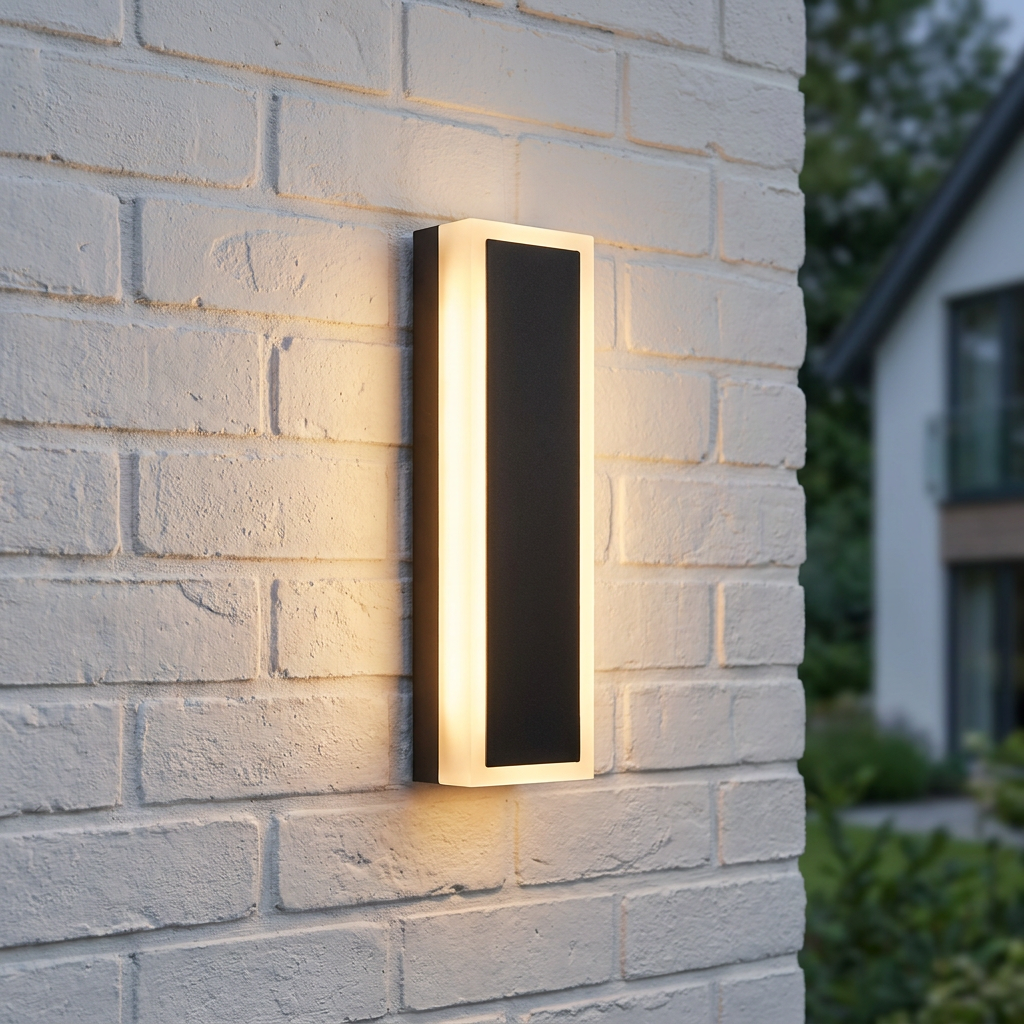 A rectangular, sand black outdoor LED wall light glowing on a white brick wall.