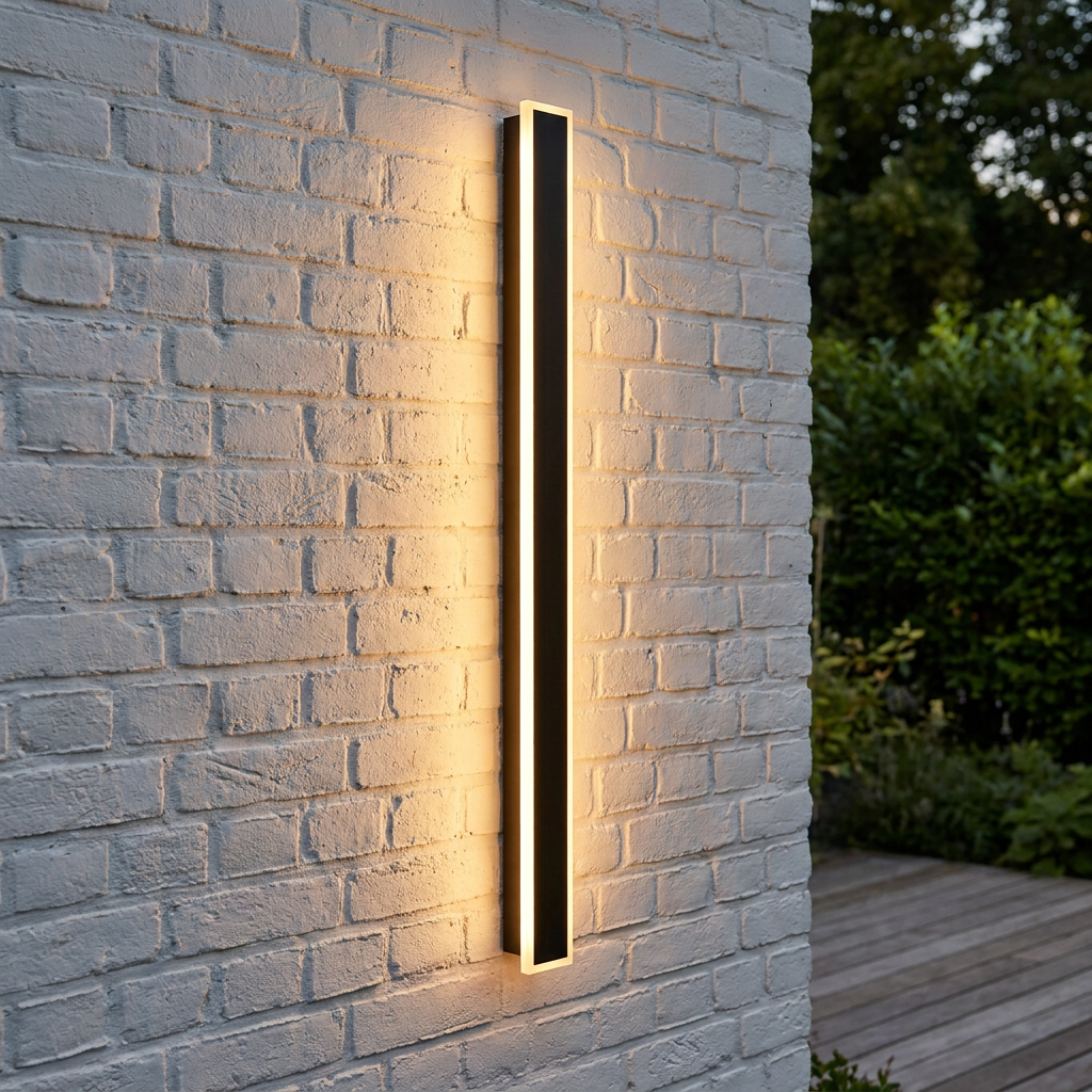 A sleek black vertical LED wall light casting a warm glow on a white brick wall in an outdoor garden setting.