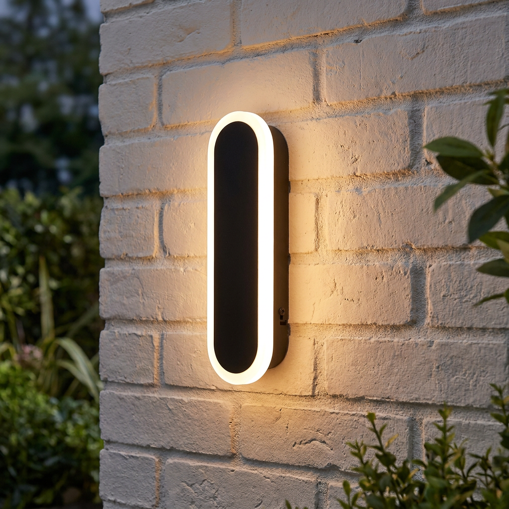 A sleek, black, oval-shaped Bordo LED outdoor wall light illuminates a white brick wall in a garden setting.