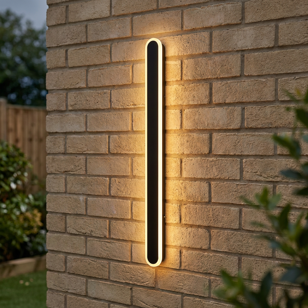 Sleek black vertical LED wall light emitting a warm glow on a light-colored brick exterior wall.
