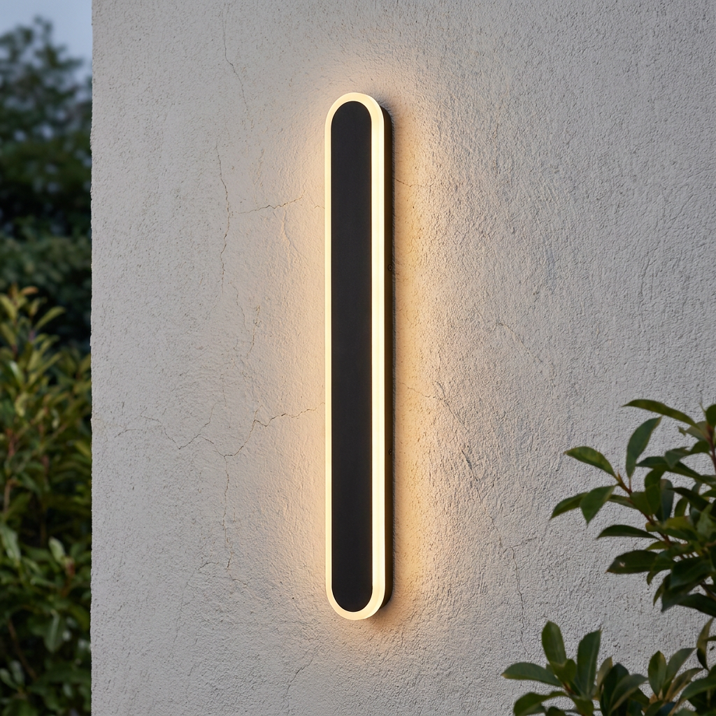 A vertical sand black capsule-shaped LED outdoor wall light emits a warm glow on a textured exterior wall.